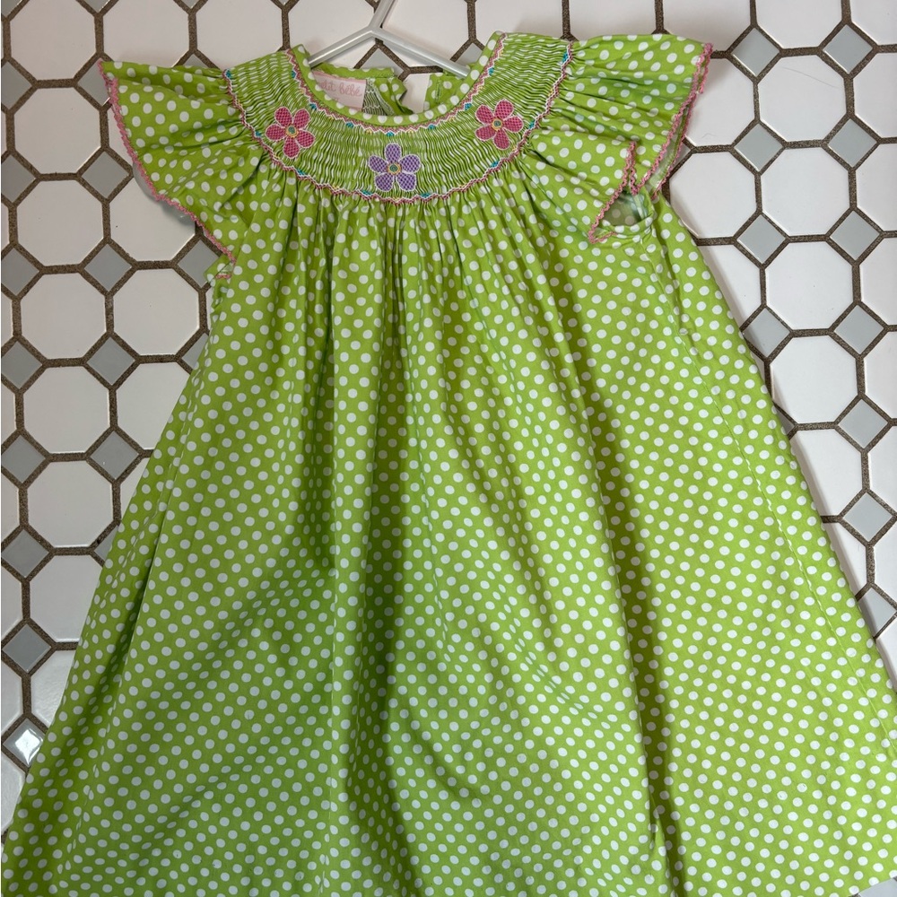 Petit Bebe Green Polka Dot Smocked Dress with Floral Appliqué size 2t